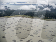 Aerial view of the braided Chilkat River flowing towards Lynn Canal near Haines, Southeast Alaska, USA.