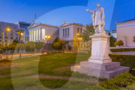 View of the statue and National Library of Greece at dusk, Athens, Greece, Europe