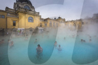 View of outside thermal spa at Szechenhu Thermal Bath in winter, Budapest, Hungary, Europe