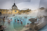 View of outside thermal spa at Szechenhu Thermal Bath in winter, Budapest, Hungary, Europe