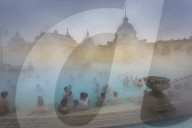 View of outside thermal spa at Szechenhu Thermal Bath in winter, Budapest, Hungary, Europe