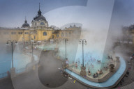 View of outside thermal spa at Szechenhu Thermal Bath in winter, Budapest, Hungary, Europe