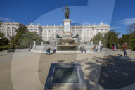 View of Monumento a Felipe IV and Royal Palace on bright sunny morning, Madrid, Spain, Europe