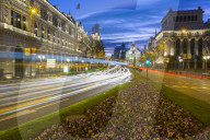 View of trail lights on Calle de Alcala at dusk, Madrid, Spain, Europe