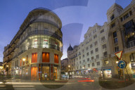 View of Architecture on and around Calle Mayor and Calle Postas at dusk, Madrid, Spain, Europe