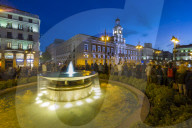 View of King Carlos lll statue and Easter Parade, Puerta del Sol at dusk, Madrid, Spain, Europe