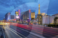 View of the Paris Effel Tower and Ballys Hotel and Casino at dusk, 'The Strip' Las Vegas Boulevard, Las Vegas, Nevada, USA, North America