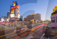 View of traffic and trail lights on 'The Strip' Las Vegas Boulevard at dusk, Las Vegas, Nevada, USA, North America
