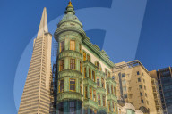 View of Transamerica Pyramid building and Columbus Tower on Columbus Avenue, North Beach, San Francisco, California, USA, North America
