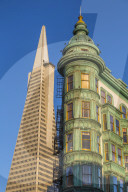 View of Transamerica Pyramid building and Columbus Tower on Columbus Avenue, North Beach, San Francisco, California, USA, North America
