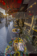 View of restaurant tables on Columbus Avenue, North Beach, San Francisco, California, United States of America, North America