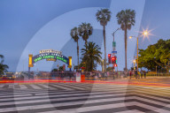Entrance to Santa Monica Pier at dusk, Santa Monica, Los Angeles, California, United States of America, North America