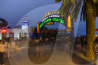 Entrance to Santa Monica Pier at dusk, Santa Monica, Los Angeles, California, United States of America, North America