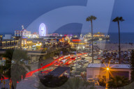 View of Santa Monica Pier at dusk, Santa Monica, Los Angeles, California, United States of America, North America