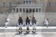 Changing of the guard at the Tomb of the Unknown Soldier in Syntagma Square, Athens, Greece, Europe