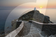 Steps leading down to Greek Orthodox chapel of Eftamartyres at dawn, Kastro, Sifnos, Cyclades, Aegean Sea, Greek Islands, Greece