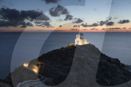 White Greek Orthodox chapel of Eftamartyres on headland at dawn, Kastro, Sifnos, Cyclades, Aegean Sea, Greek Islands, Greece