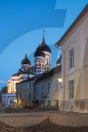 Exterior of Russian Orthodox Alexander Nevsky Cathedral at night, Toompea, Old Town, Tallinn, Estonia, Europe