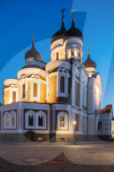 Exterior of Russian Orthodox Alexander Nevsky Cathedral at night, Toompea, Old Town, Tallinn, Estonia, Europe