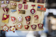 Souvenir Communist badges for sale, Riga Central Market, Riga, Latvia, Baltic States, Europe