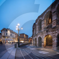 Piazza Bra and Roman Arena at night, Verona, Veneto Province, Italy, Europe