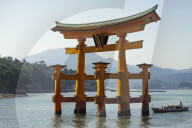 Tourist passing through the floating red wooden torii gate of Miyajima.