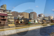 View of the Kamo River and Pontocho district in Kyoto.