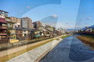 View of the Kamo River and Pontocho district in Kyoto.