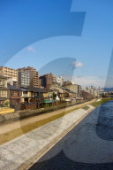 View of the Kamo River and Pontocho district in Kyoto.