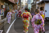 Groups of Japanese women wearing kimonos in Kyoto.