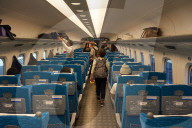 Passengers on a bullet train in Japan.
