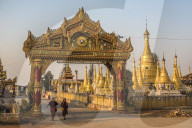 Street scene with Buddhist monk, Pindaya, Shan State, Myanmar (Burma)