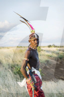 Portrait single Samburu tribal member in traditional clothing, Kenya.