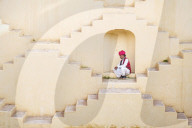 Portrait single man in traditional Indian dress, Panna Meena Ka Kund Stepwell, Jaipur.