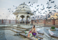 Portrait of woman selling corn for pigeons, Amer Fort, Jaipur.