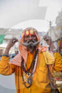 Portrait of orange robed sadhu, Pushkar Town.