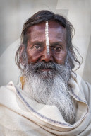 Portrait of Sadhu with white stripe to indicate sectarianism.