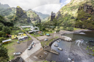 Overlooking the harbor in the town of Hanavave, Fatu Hiva, Marquesas, French Polynesia.