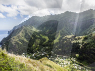 Tropical forest surrounding the town of Hanavave, Fatu Hiva, Marquesas, French Polynesia.