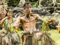 Tradition dance performed in ceremonial costume in Hatiheu, Nuku Hiva Island, Marquesas, French Polynesia.
