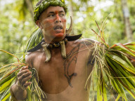 Tradition dance performed in ceremonial costume in Hatiheu, Nuku Hiva Island, Marquesas, French Polynesia.