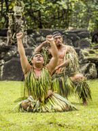 Tradition dance performed in ceremonial costume in Hatiheu, Nuku Hiva Island, Marquesas, French Polynesia.