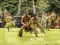 Tradition dance performed in ceremonial costume in Hatiheu, Nuku Hiva Island, Marquesas, French Polynesia.