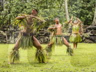 Tradition dance performed in ceremonial costume in Hatiheu, Nuku Hiva Island, Marquesas, French Polynesia.