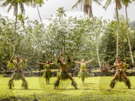 Tradition dance performed in ceremonial costume in Hatiheu, Nuku Hiva Island, Marquesas, French Polynesia.