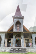 Exterior view of the Catholic Church in the town of Vaitahu on the island of Tahuata, Marquesas, French Polynesia.