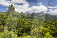 View of the rugged mountains surrounding Opunohu Valley from the Belvedere Overlook, Moorea, French Polynesia.