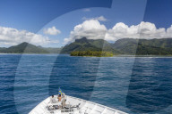 On approach to Ra'iÄtea through a break in the atoll reef, Society Islands, French Polynesia.