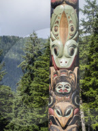 Detail of a totem pole on display at Sitka National Historical Park in Sitka, Baranof Island, Southeast Alaska, USA.