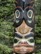 Detail of a totem pole on display at Sitka National Historical Park in Sitka, Baranof Island, Southeast Alaska, USA.